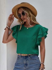 SHEIN LUNE Chất rắn Ren tương phản áo tay bướm Áo sơ mi - Màu xanh lá cây đậm - Xem 5