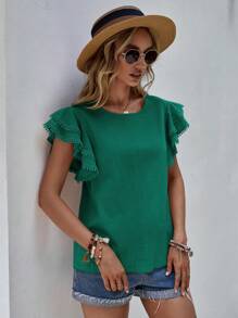 SHEIN LUNE Chất rắn Ren tương phản áo tay bướm Áo sơ mi - Màu xanh lá cây đậm - Xem 6