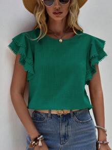 SHEIN LUNE Chất rắn Ren tương phản áo tay bướm Áo sơ mi - Màu xanh lá cây đậm - Xem 7