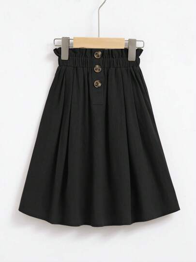SHEIN Young Girl Paperbag Waist Button Detail Flare Skirt