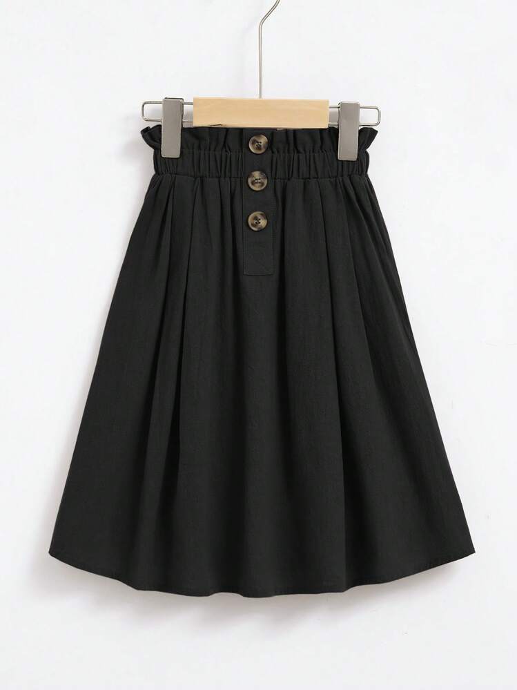 SHEIN Young Girl Paperbag Waist Button Detail Flare Skirt - Black - View 1