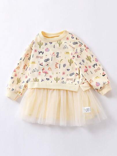 1 件装年轻女孩可爱火烈鸟图案印花网眼拼接连衣裙，长袖圆领，秋冬季