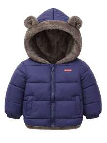 女小童字母貼布3D耳朵設計前拉鏈加絨內裏連帽麵包服 - 藏蓝色 - 查看 1