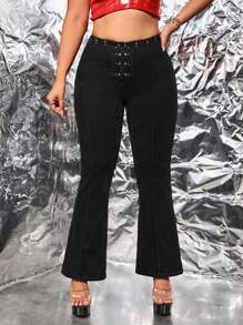 SHEIN ICON 大碼繫帶細節牛仔喇叭褲 - 黑色 - 查看 1
