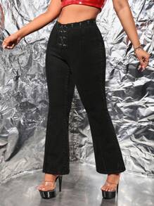 SHEIN ICON 大碼繫帶細節牛仔喇叭褲 - 黑色 - 查看 3