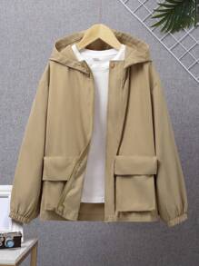 SHEIN Tween Boy Flap Pocket Drop Shoulder Hooded Coat Without Tee - Khaki - View 1