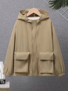 SHEIN Tween Boy Flap Pocket Drop Shoulder Hooded Coat Without Tee - Khaki - View 3
