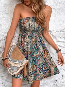 Breezaya Paisley Print Tube Dress Vacation Beach Outfits Women - Green - View 1