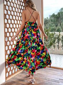 Breezaya Allover Print Split Thigh Cami Dress - Black - View 2