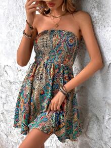 Breezaya Paisley Print Tube Dress Vacation Beach Outfits Women - Green - View 3