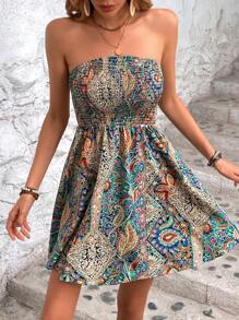Breezaya Paisley Print Tube Dress Vacation Beach Outfits Women - Green - View 4