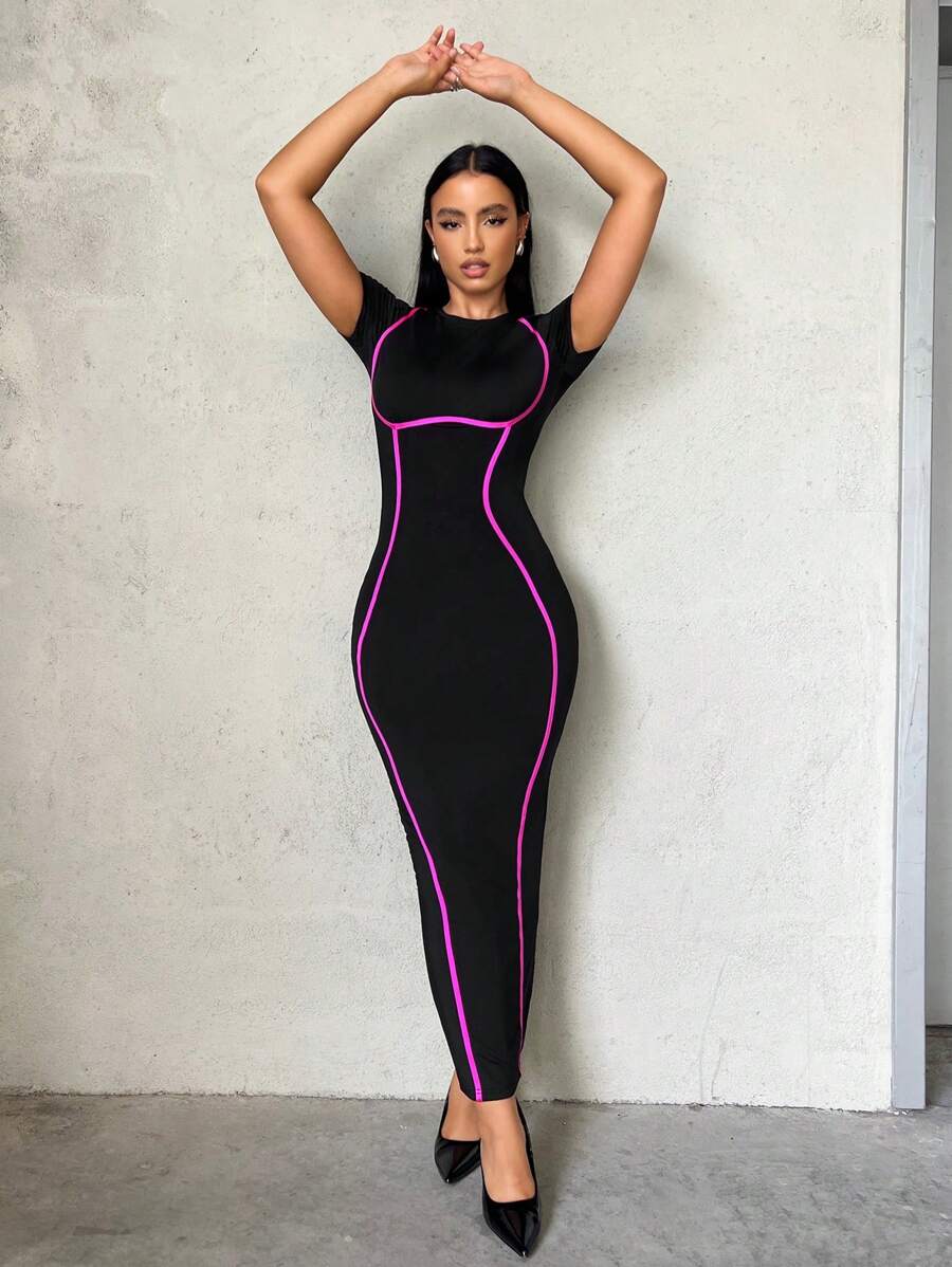SHEIN SXY Tương phản ràng buộc Váy bodycon Sinh nhật Ngày lễ tình nhân Tiệc độc thân Mùa Xuân NỮ Quần áo - màu đen - Xem 1