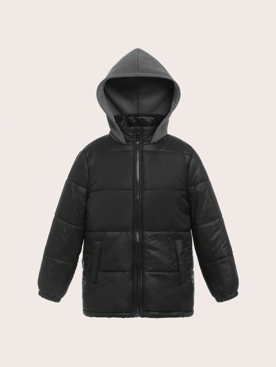 SHEIN 1. Mũ len chắp vá cho bé trai, dài vừa phải
2. Áo khoác Parka mùa đông, Áo khoác dệt dày ấm áp cho bé trai - màu đen - Xem 1