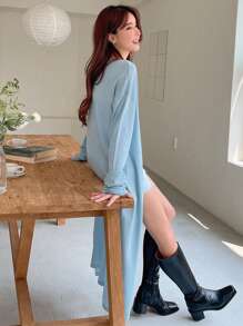 DAZY Áo Cardigan thiết kế giản dị thả vai - Màu xanh lam - Xem 1