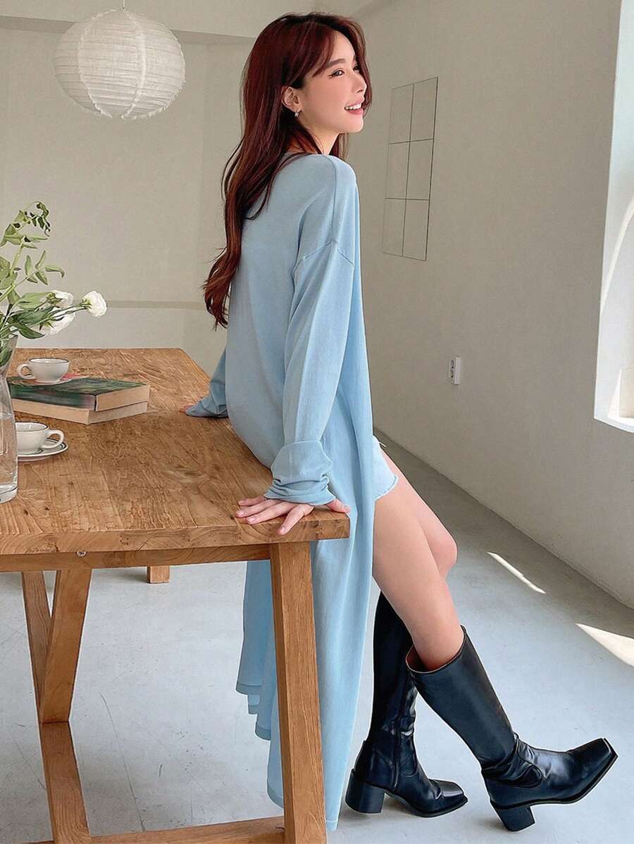 DAZY Áo Cardigan thiết kế giản dị thả vai - Màu xanh lam - Xem 1