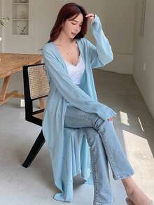 DAZY Áo Cardigan thiết kế giản dị thả vai - Màu xanh lam - Xem 2