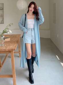 DAZY Áo Cardigan thiết kế giản dị thả vai - Màu xanh lam - Xem 3