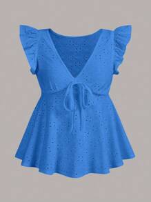 SHEIN Qutie 網眼刺繡前繫帶荷葉邊T恤 - 藍色 - 查看 1