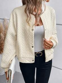 SHEIN Frenchy 落肩袖麻花編織夾克 - 杏色 - 查看 4