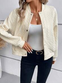 SHEIN Frenchy 落肩袖麻花編織夾克 - 杏色 - 查看 5