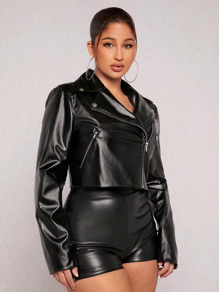 SHEIN SXY Zip Up Crop PU Leather Moto Jacket | SHEIN South Africa