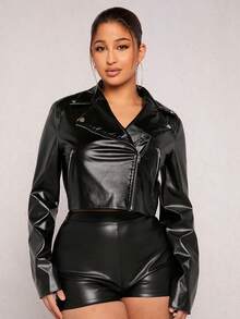 SHEIN SXY 拉鏈開襟短款PU皮革機車夾克 - 黑色 - 查看 5