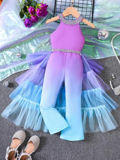 SHEIN Young Girl Autumn Blue-Purple Gradient Sleeveless Jumpsuit With Detachable Multilayer Blue-Purple Gradient Mesh Summer Holiday