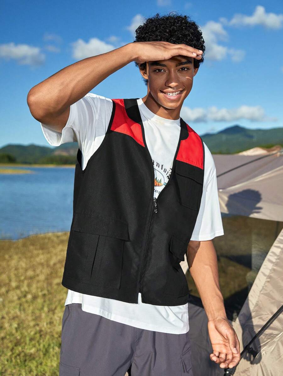 In My Nature Men Colourblock Zip Up Vest Jacket - Black - View 1