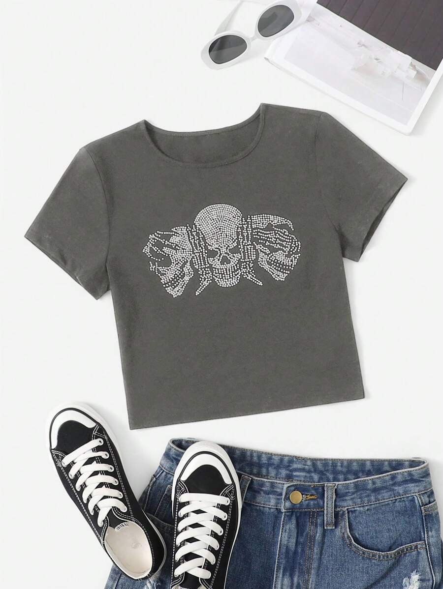 SHEIN EZwear Rhinestone Skull Pattern Crop Tee - Dark Grey - View 1