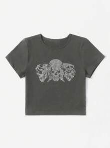 SHEIN EZwear Rhinestone Skull Pattern Crop Tee - Dark Grey - View 3