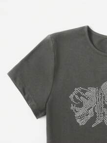 SHEIN EZwear Rhinestone Skull Pattern Crop Tee - Dark Grey - View 5