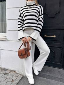 EURMUSE Striped Pattern Drop Shoulder Sweater & Knit Pants - White - View 2