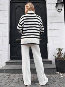 EURMUSE Striped Pattern Drop Shoulder Sweater & Knit Pants - White - View 6