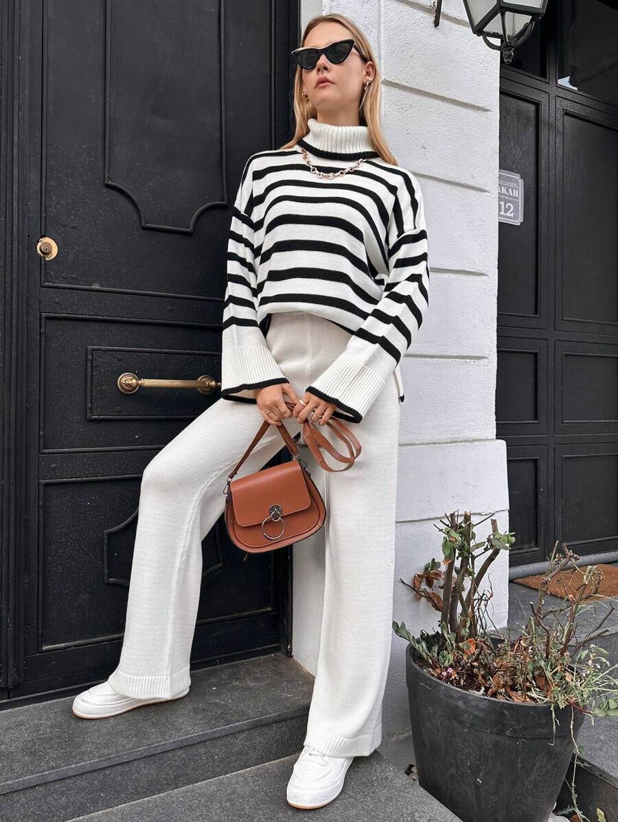 EURMUSE Striped Pattern Drop Shoulder Sweater & Knit Pants - White - View 1