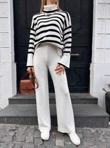 EURMUSE Striped Pattern Drop Shoulder Sweater & Knit Pants - White - View 3