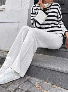 EURMUSE Striped Pattern Drop Shoulder Sweater & Knit Pants - White - View 4