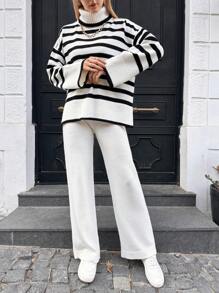 EURMUSE Striped Pattern Drop Shoulder Sweater & Knit Pants - White - View 5