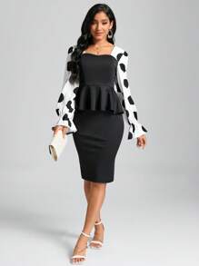SHEIN Clasi 波點圖案喇叭袖花邊下擺上衣&後背開衩半身裙 - 黑與白 - 查看 2