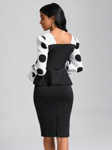 SHEIN Clasi 波點圖案喇叭袖花邊下擺上衣&後背開衩半身裙 - 黑與白 - 查看 3