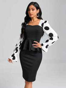SHEIN Clasi 波點圖案喇叭袖花邊下擺上衣&後背開衩半身裙 - 黑與白 - 查看 5