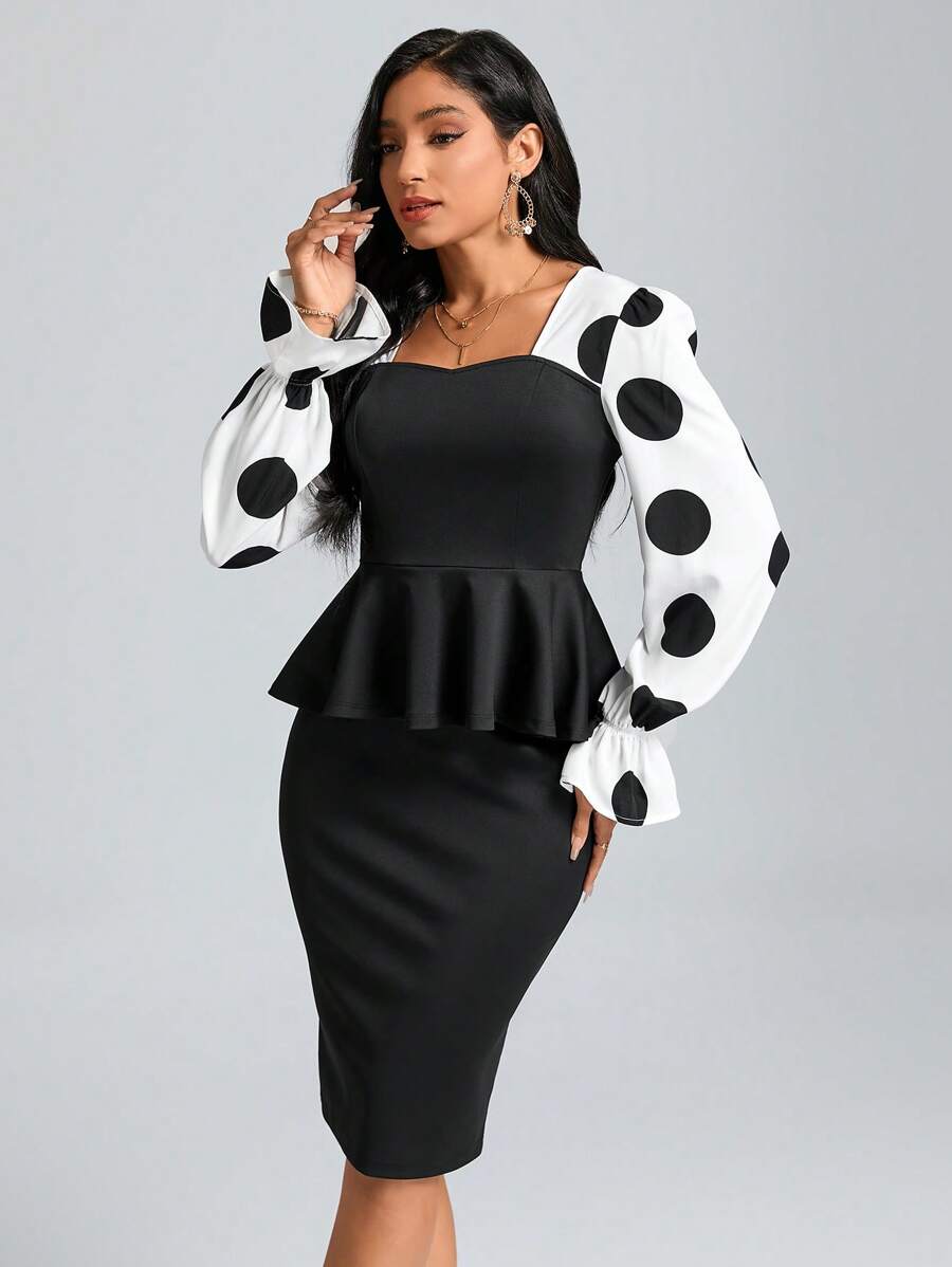 SHEIN Clasi 波點圖案喇叭袖花邊下擺上衣&後背開衩半身裙 - 黑與白 - 查看 1