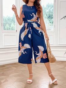Flirla Plus Crane Print Belted Capris Tank Jumpsuit - Navy Blue - View 1