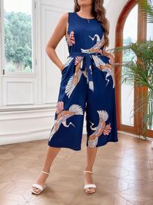 Flirla Plus Crane Print Belted Capris Tank Jumpsuit - Navy Blue - View 3