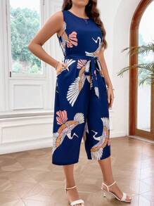 Flirla Plus Crane Print Belted Capris Tank Jumpsuit - Navy Blue - View 4