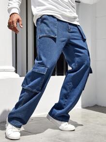 Manfinity LEGND Loose Fit Men's Cargo Jeans With Flap Pockets On Sides Baggy Long Acid Wash Jean Plain Dark Blue Going Out Street Wear Rapper - Dark Wash - View 3