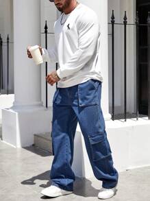 Manfinity LEGND Loose Fit Men's Cargo Jeans With Flap Pockets On Sides Baggy Long Acid Wash Jean Plain Dark Blue Going Out Street Wear Rapper - Dark Wash - View 5