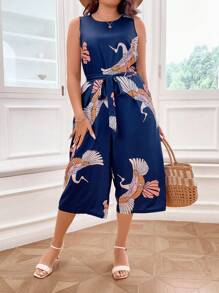 Flirla Plus Crane Print Belted Capris Tank Jumpsuit - Navy Blue - View 6