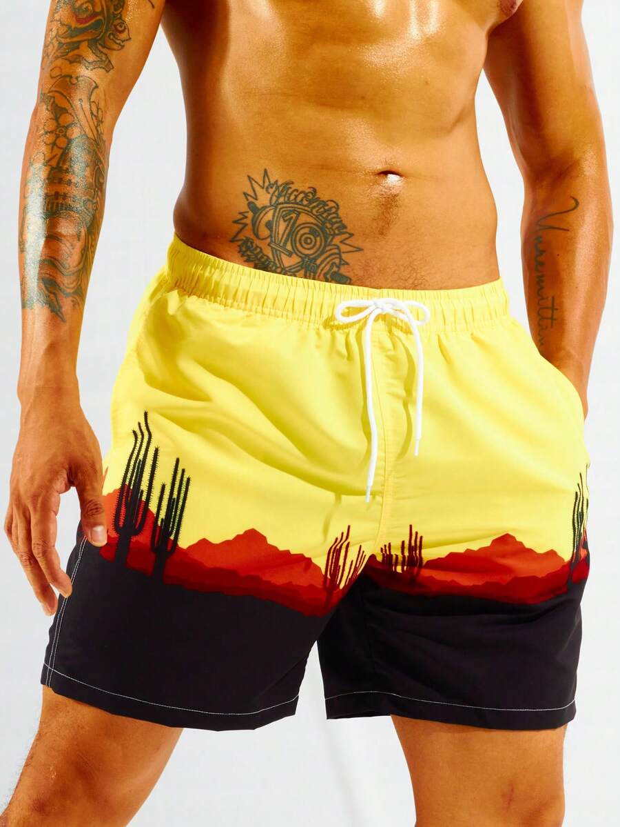 Surfspeed Men Mountain Print Drawstring Waist Swim Trunks - Multicolor - View 1