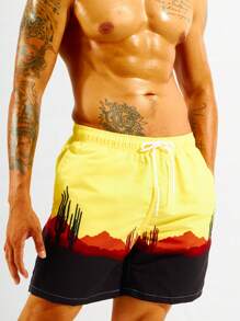 Surfspeed Men Mountain Print Drawstring Waist Swim Trunks - Multicolor - View 3