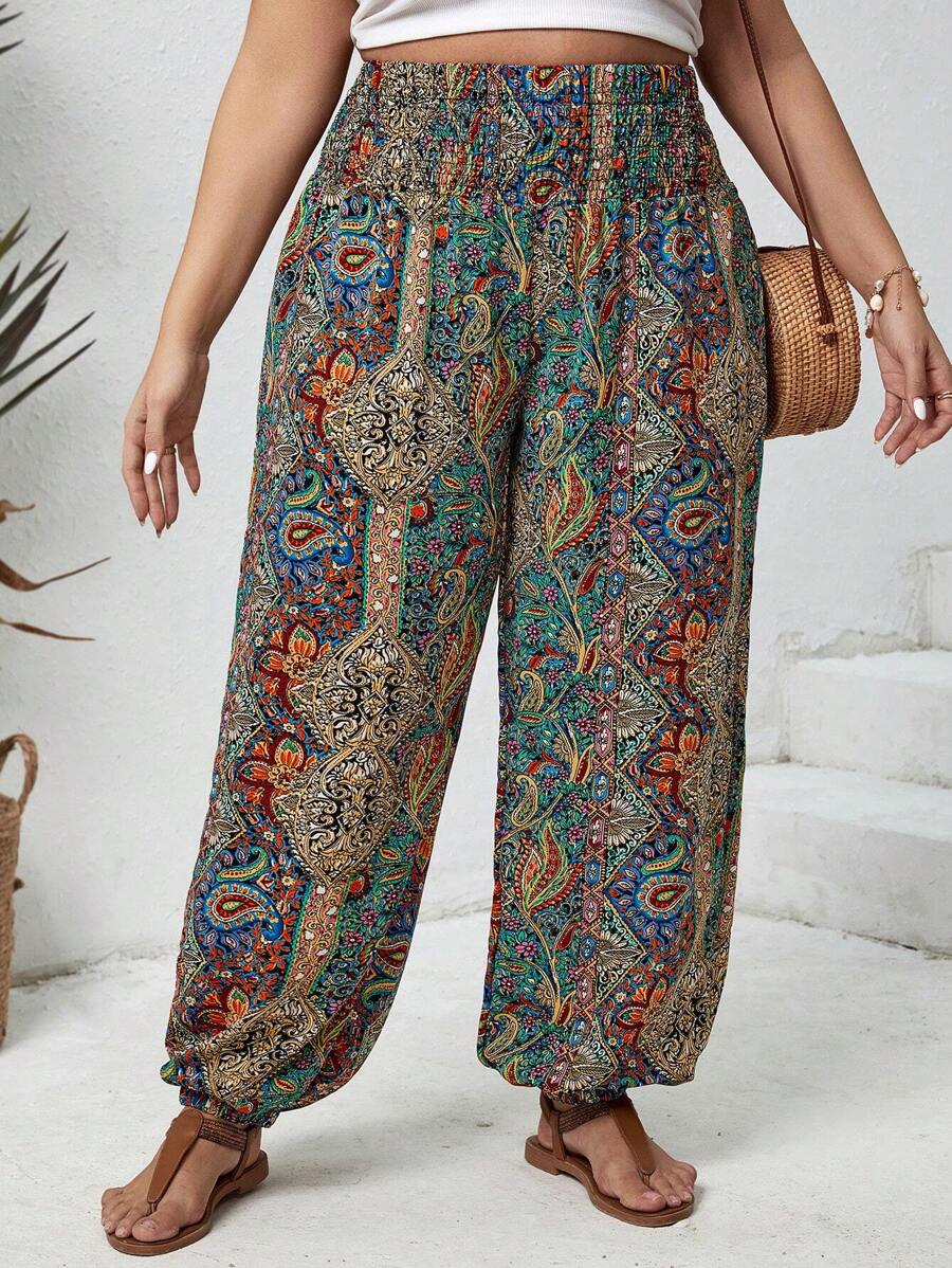 SHEIN CURVE+ 加大碼收縮腰寬腿印花褲